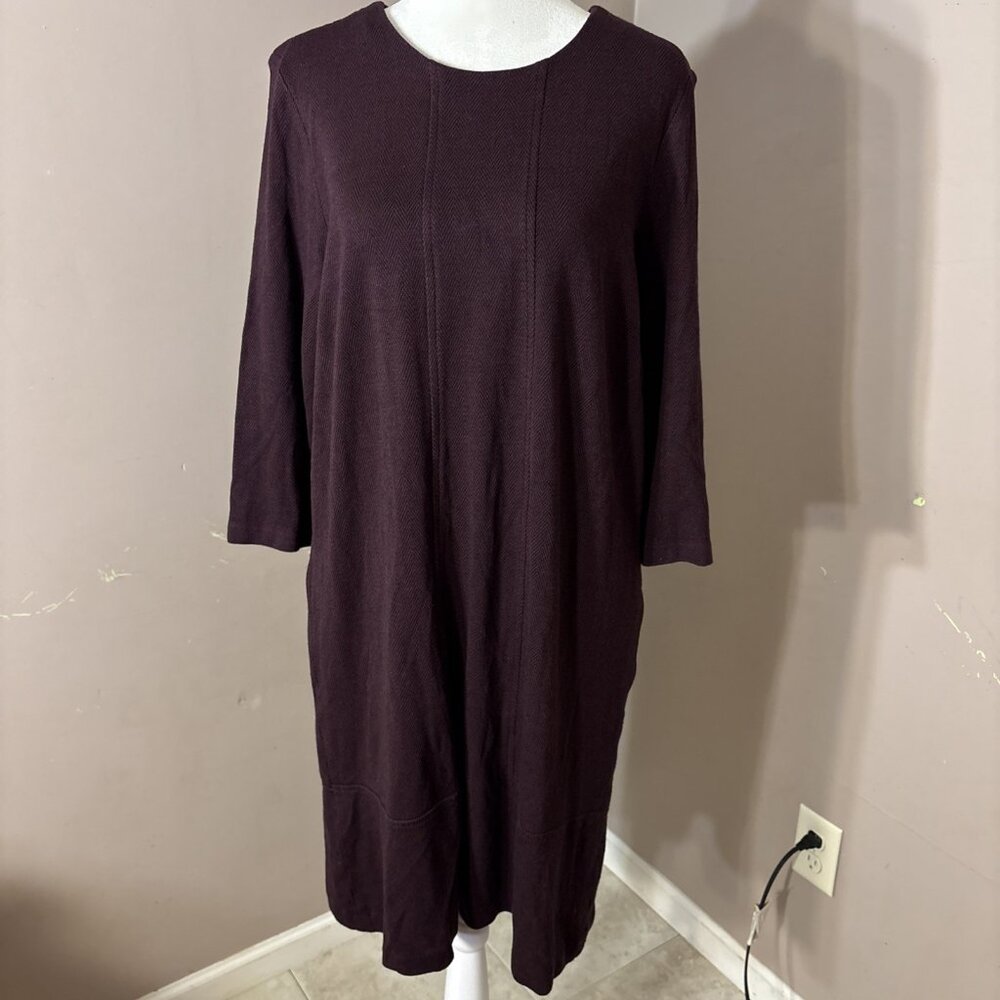 J Jill Ponte Shift Dress Crewneck Black/Maroon Chevron Pockets Hvywt 3/4 Sl Sz M